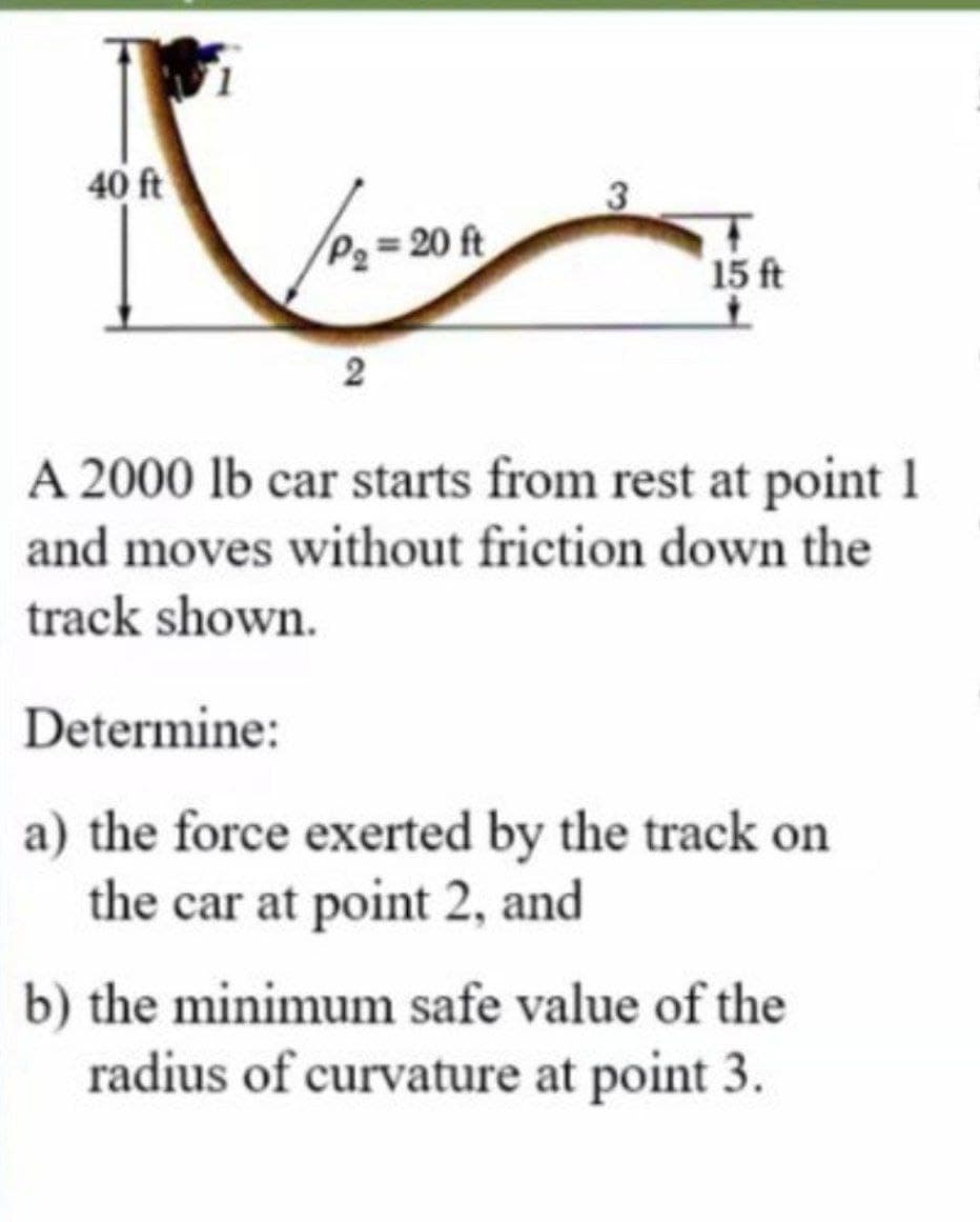 40 ft
P2=20 ft
15 ft
A 2000 lb car starts from rest at point 1
and moves without friction down the
track shown.
Determine:
a) the force exerted by the track on
the car at point 2, and
b) the minimum safe value of the
radius of curvature at point 3.
