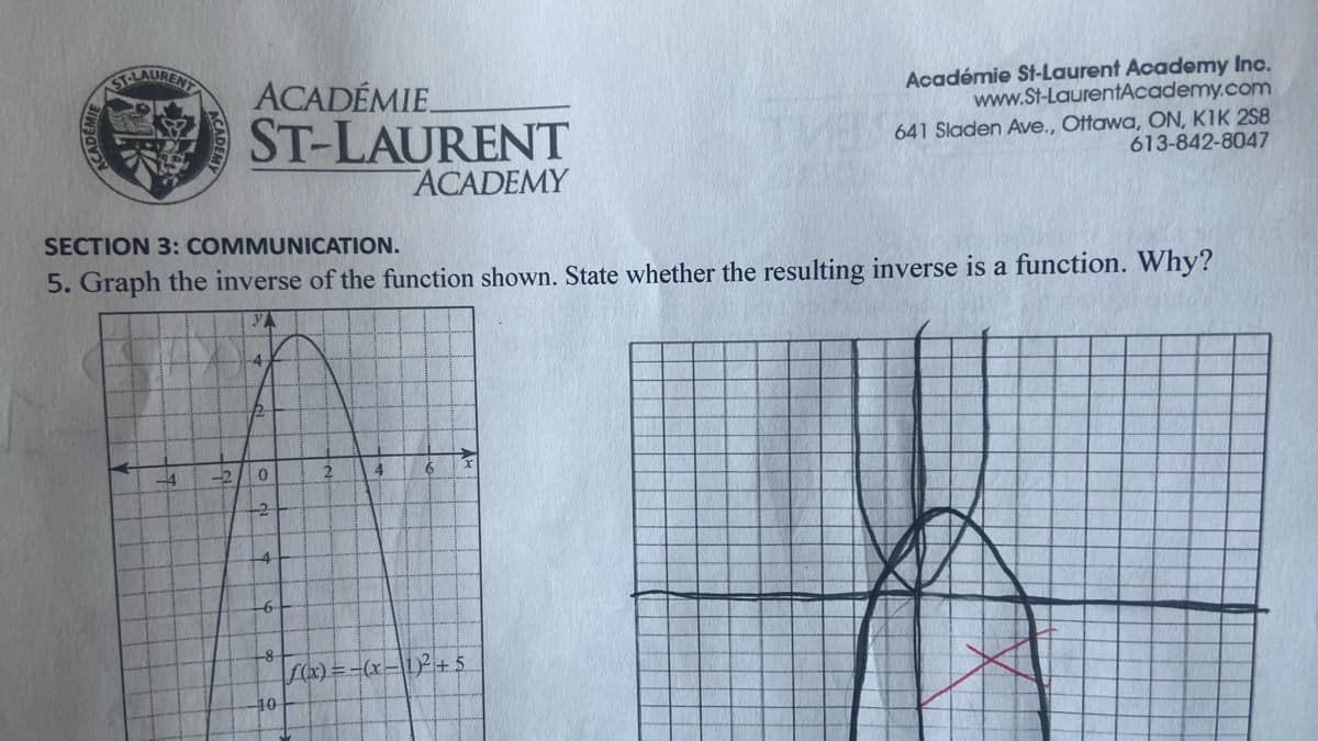 CADEMIE
-4
ACADÉMIE
ST-LAURENT
-2
SECTION 3: COMMUNICATION.
5. Graph the inverse of the function shown. State whether the resulting inverse is a function. Why?
YA
4
-2
0
2
4
+6
-8
10
2
ACADEMY
4
6
Académie St-Laurent Academy Inc.
www.St-LaurentAcademy.com
641 Sladen Ave., Ottawa, ON, KIK 2S8
613-842-8047
f(x) = -(x − 1)² +5