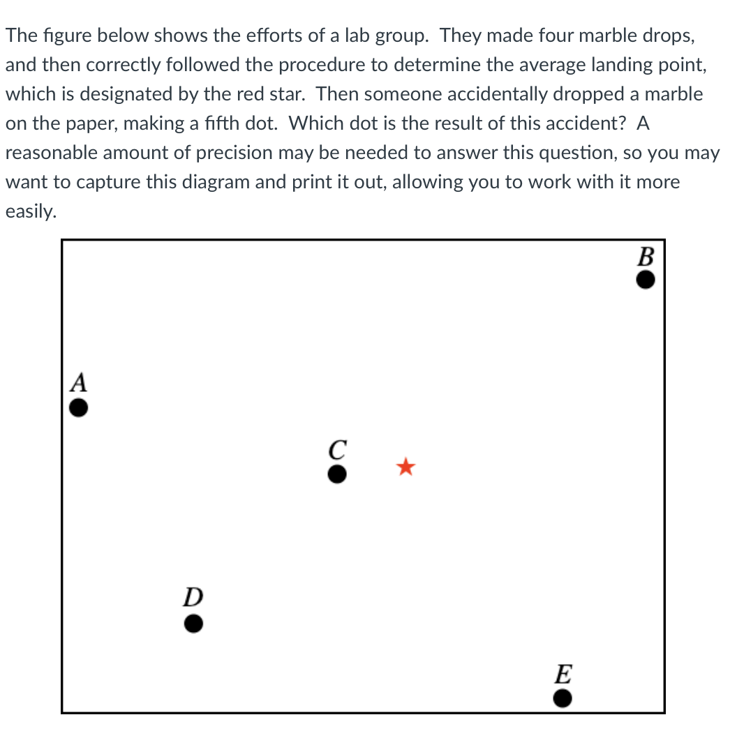 The figure below shows the efforts of a lab group. They made four marble drops,
and then correctly followed the procedure to determine the average landing point,
which is designated by the red star. Then someone accidentally dropped a marble
on the paper, making a fifth dot. Which dot is the result of this accident? A
reasonable amount of precision may be needed to answer this question, so you may
want to capture this diagram and print it out, allowing you to work with it more
easily.
В
|A
C
D
E
