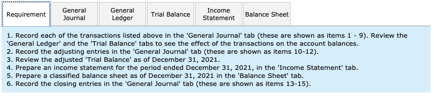 General
General
Income
Requirement
Trial Balance
Balance Sheet
Ledger
Journal
Statement
1. Record each of the transactions listed above in the 'General Journal' tab (these are shown as items 1 - 9). Review the
'General Ledger' and the 'Trial Balance' tabs to see the effect of the transactions on the account balances
2. Record the adjusting entries in the 'General Journal' tab (these are shown as items 10-12)
3. Review the adjusted 'Trial Balance' as of December 31, 2021.
4. Prepare an income statement for the period ended December 31, 2021, in the 'Income Statement' tab.
5. Prepare a classified balance sheet as of December 31, 2021 in the 'Balance Sheet' tab
6. Record the closing entries in the 'General Journal' tab (these are shown as items 13-15).
