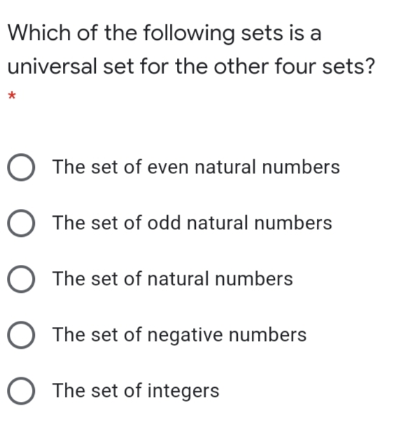 Which of the following sets is a
universal set for the other four sets?
O The set of even natural numbers
O The set of odd natural numbers
O The set of natural numbers
O The set of negative numbers
O The set of integers
