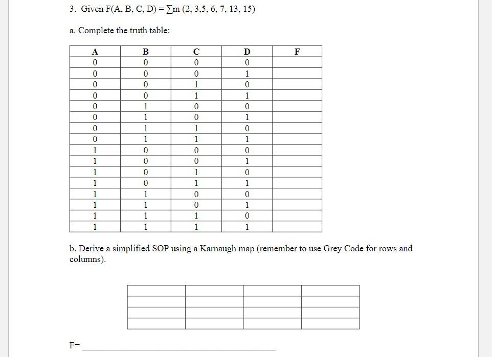 3. Given F(A, B, C, D) = Em (2, 3,5, 6, 7, 13, 15)
a. Complete the truth table:
A
B
D
F
1
1
1
1
1
1
1
1
1
1
1
1
1
1
1
1
1
1
1
1
1
1
1
1
1
1
1
1
1
1
b. Derive a simplified SOP using a Karnaugh map (remember to use Grey Code for rows and
columns).
F=
