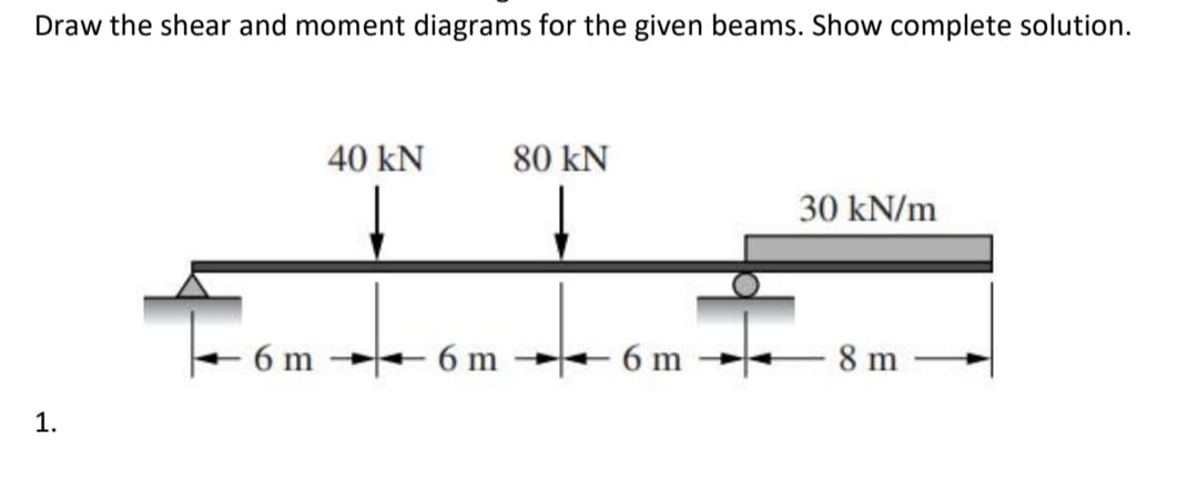 Draw the shear and moment diagrams for the given beams. Show complete solution.
40 kN
80 kN
30 kN/m
6 m
6 m
+6 m
8 m
1.
