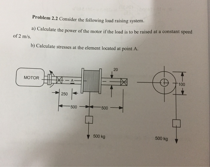 Problem 2.2 Consider the following load raising system.
a) Calculate the power of the motor if the load is to be raised at a constant speed
of 2 m/s.
b) Calculate stresses at the element located at point A.
20
МОTOR
100
250
500
500
500 kg
500 kg
