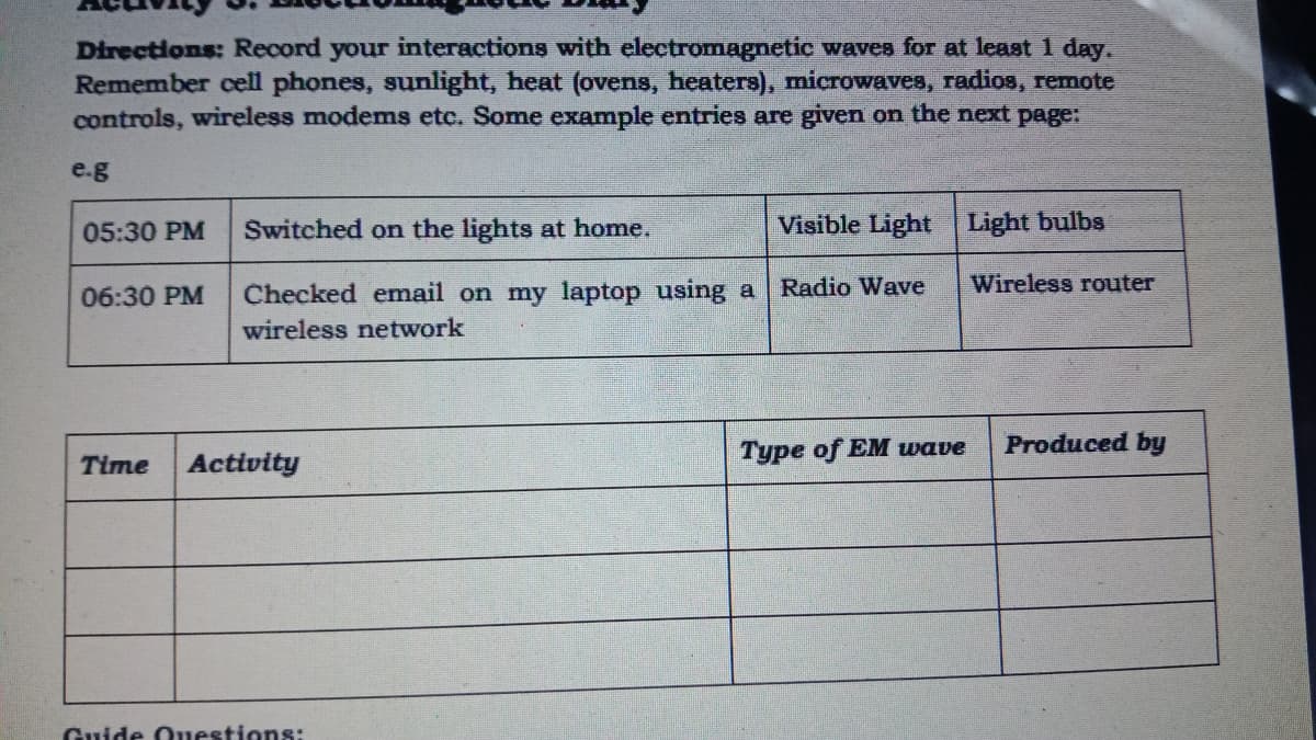 Directions: Record your interactions with electromagnetic waves for at least 1 day.
Remember cell phones, sunlight, heat (ovens, heaters), microwaves, radios, remote
controls, wireless modems etc. Some example entries are given on the next page:
e.g
05:30 PM
Switched on the lights at home.
Visible Light Light bulbs
06:30 PM
Checked email on my laptop using a
Radio Wave
Wireless router
wireless network
Туре оf EM wave
Produced by
Time
Activity
Guide Ouestions:
