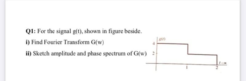 Q1: For the signal g(t), shown in figure beside.
|st)
i) Find Fourier Transform G(w)
ii) Sketch amplitude and phase spectrum of G(w) 2
