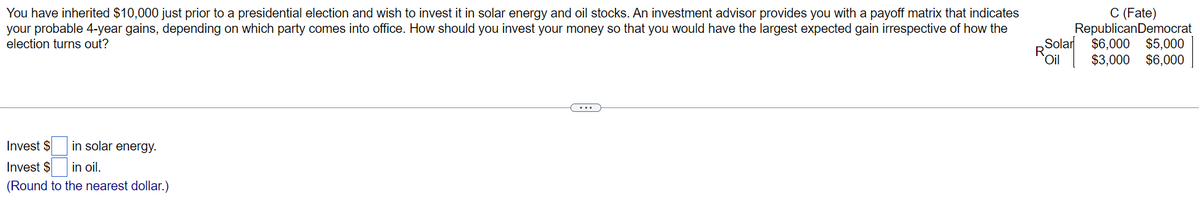 You have inherited $10,000 just prior to a presidential election and wish to invest it in solar energy and oil stocks. An investment advisor provides you with a payoff matrix that indicates
your probable 4-year gains, depending on which party comes into office. How should you invest your money so that you would have the largest expected gain irrespective of how the
election turns out?
Invest $
in solar energy.
Invest $
in oil.
(Round to the nearest dollar.)
C (Fate)
Republican Democrat
Solar $6,000 $5,000
Oil $3,000 $6,000