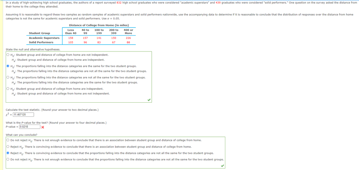 In a study of high-achieving high school graduates, the authors of a report surveyed 832 high school graduates who were considered "academic superstars" and 439 graduates who were considered "solid performers." One question on the survey asked the distance from
their home to the college they attended.
Assuming it is reasonable to regard these two samples as random samples of academic superstars and solid performers nationwide, use the accompanying data to determine if it is reasonable to conclude that the distribution of responses over the distance from home
categories is not the same for academic superstars and solid performers. Use a = 0.05.
Distance of College from Home (in miles)
Less
40 to
100 to
200 to
400 or
Student Group
than 40
99
199
399
More
Academic Superstars
158
157
141
150
226
Solid Performers
105
96
83
67
88
State the null and alternative hypotheses.
O Ho: Student group and distance of college from home are not independent.
H: Student group and distance of college from home are independent.
O Ho: The proportions falling into the distance categories are the same for the two student groups.
H: The proportions falling into the distance categories are not all the same for the two student groups.
O Ho: The proportions falling into the distance categories are not all the same for the two student groups.
H3: The proportions falling into the distance categories are the same for the two student groups.
O Ho: Student group and distance of college from home are independent.
H: Student group and distance of college from home are not independent.
Calculate the test statistic. (Round your answer to two decimal places.)
x2 = 11.467120
What is the P-value for the test? (Round your answer to four decimal places.)
P-value = 0.0218
What can you conclude?
O Do not reject H.. There is not enough evidence to conclude that there is an association between student group and distance of college from home.
O Reject Ho. There is convincing evidence to conclude that there is an association between student group and distance of college from home.
O Reject Ho: There is convincing evidence to conclude that the proportions falling into the distance categories are not all the same for the two student groups.
O Do not reject Ho. There is not enough evidence to conclude that the proportions falling into the distance categories are not all the same for the two student groups.
