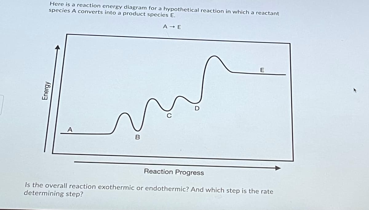 Here is a reaction energy diagram for a hypothetical reaction in which a reactant
species A converts into a product species E.
A - E
E
D
A
B
Reaction Progress
Is the overall reaction exothermic or endothermic? And which step is the rate
determining step?
Energy
