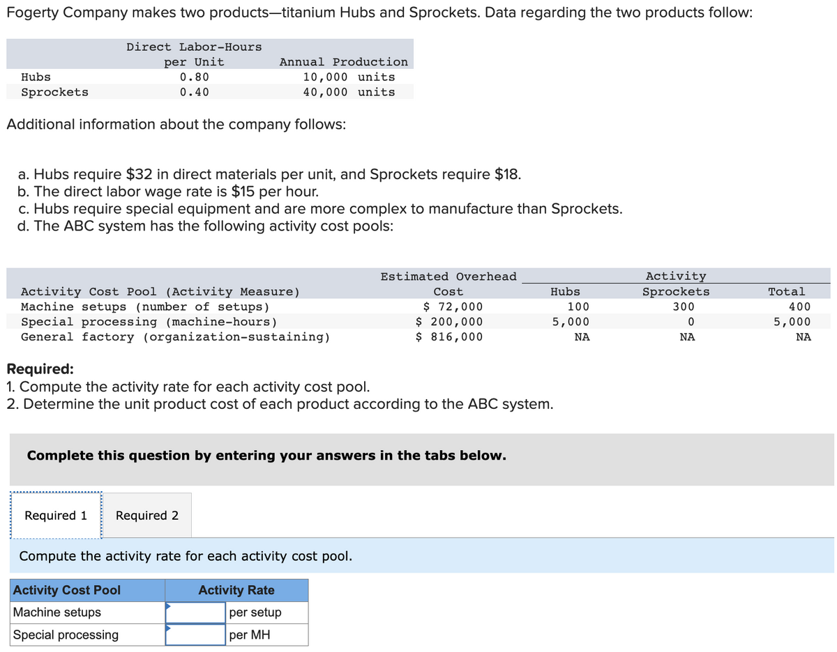 Fogerty Company makes two products-titanium Hubs and Sprockets. Data regarding the two products follow:
Direct Labor-Hours
per Unit
0.80
0.40
Hubs
Sprockets
Additional information about the company follows:
a. Hubs require $32 in direct materials per unit, and Sprockets require $18.
b. The direct labor wage rate is $15 per hour.
Annual Production
10,000 units
40,000 units
c. Hubs require special equipment and are more complex to manufacture than Sprockets.
d. The ABC system has the following activity cost pools:
Activity Cost Pool (Activity Measure)
Machine setups (number of setups)
Special processing (machine-hours)
General factory (organization-sustaining)
Required 1
Required 2
Complete this question by entering your answers in the tabs below.
Estimated Overhead
Required:
1. Compute the activity rate for each activity cost pool.
2. Determine the unit product cost of each product according to the ABC system.
Compute the activity rate for each activity cost pool.
Activity Rate
per setup
per MH
Activity Cost Pool
Machine setups
Special processing
Cost
$ 72,000
$ 200,000
$ 816,000
Hubs
100
5,000
ΝΑ
Activity
Sprockets
300
0
ΝΑ
Total
400
5,000
ΝΑ