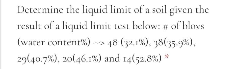 Determine the liquid limit of a soil given the
result of a liquid limit test below: # of blovs
(water content%) --> 48 (32.1%), 38(35.9%),
29(40.7%), 20(46.1%) and 14(52.8%) *
