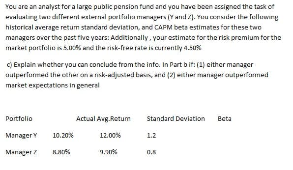 You are an analyst for a large public pension fund and you have been assigned the task of
evaluating two different external portfolio managers (Y and Z). You consider the following
historical average return standard deviation, and CAPM beta estimates for these two
managers over the past five years: Additionally, your estimate for the risk premium for the
market portfolio is 5.00% and the risk-free rate is currently 4.50%
c) Explain whether you can conclude from the info. In Part b if: (1) either manager
outperformed the other on a risk-adjusted basis, and (2) either manager outperformed
market expectations in general
Portfolio
Actual Avg.Return
Standard Deviation
Beta
Manager Y
10.20%
12.00%
1.2
Manager Z
8.80%
9.90%
0.8
