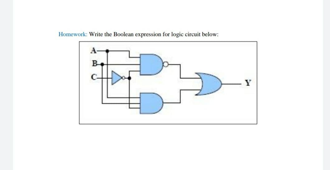 Homework: Write the Boolean expression for logic circuit below:
B-
