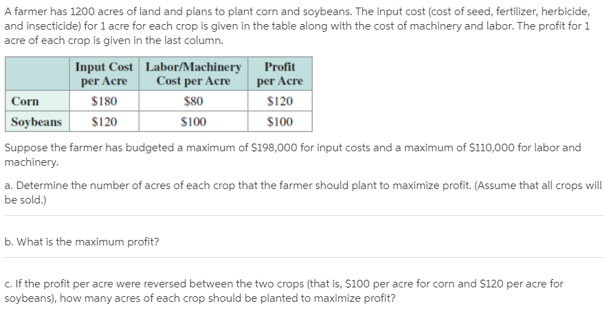 A farmer has 1200 acres of land and plans to plant corn and soybeans. The input cost (cost of seed, fertilizer, herbicide,
and insecticide) for 1 acre for each crop is given in the table along with the cost of machinery and labor. The profit for 1
acre of each crop is given in the last column.
Input Cost Labor/Machinery
per Acre
Profit
Cost per Acre
per Acre
Corn
$180
$80
$120
Soybeans
$120
$100
$100
Suppose the farmer has budgeted a maximum of $198,000 for input costs and a maximum of $110,000 for labor and
machinery.
a. Determine the number of acres of each crop that the farmer should plant to maximize profit. (Assume that all crops will
be sold.)
b. What is the maximum profit?
c. If the profit per acre were reversed between the two crops (that is, $100 per acre for corn and $120 per acre for
soybeans), how many acres of each crop should be planted to maximize profit?
