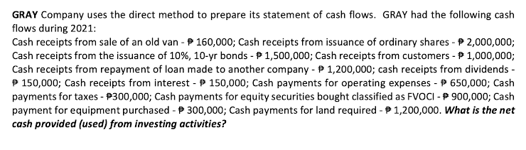 GRAY Company uses the direct method to prepare its statement of cash flows. GRAY had the following cash
flows during 2021:
Cash receipts from sale of an old van - P 160,000; Cash receipts from issuance of ordinary shares - P 2,000,000;
Cash receipts from the issuance of 10%, 10-yr bonds - P 1,500,000; Cash receipts from customers - P 1,000,000;
Cash receipts from repayment of loan made to another company - P 1,200,000; cash receipts from dividends -
P 150,000; Cash receipts from interest - P 150,000; Cash payments for operating expenses - P 650,000; Cash
payments for taxes - P300,000; Cash payments for equity securities bought classified as FVOCI - P 900,000; Cash
payment for equipment purchased -P 300,000; Cash payments for land required - P 1,200,000. What is the net
cash provided (used) from investing activities?
