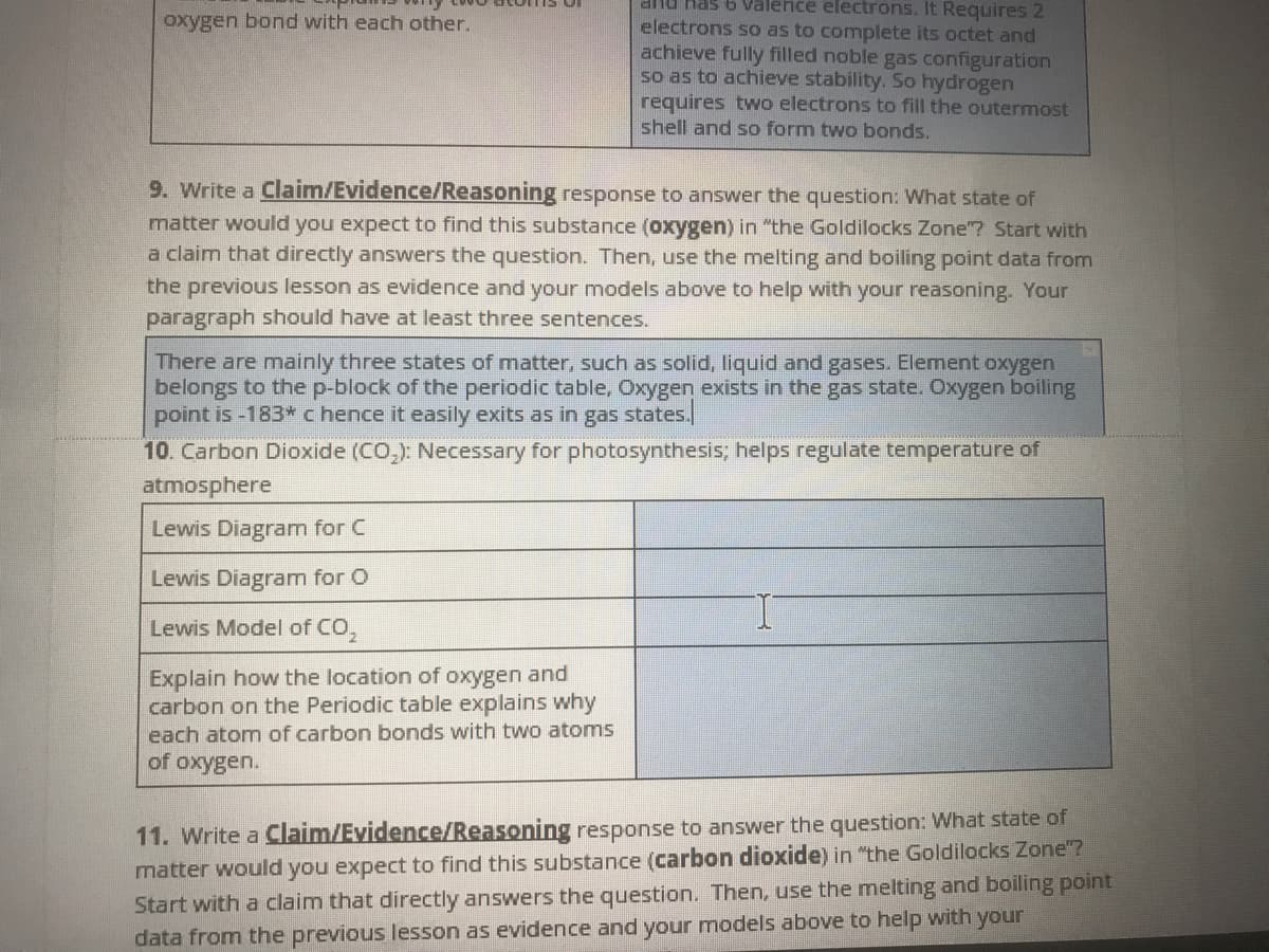 anu Has 6 Valence electrons. It Requires 2
oxygen bond with each other.
electrons so as to complete its octet and
achieve fully filled noble gas configuration
so as to achieve stability. So hydrogen
requires two electrons to fill the outermost
shell and so form two bonds.
9. Write a Claim/Evidence/Reasoning response to answer the question: What state of
matter would you expect to find this substance (0xygen) in "the Goldilocks Zone"? Start with
a claim that directly answers the question. Then, use the melting and boiling point data from
the previous lesson as evidence and your models above to help with your reasoning. Your
paragraph should have at least three sentences.
There are mainly three states of matter, such as solid, liquid and gases. Element oxygen
belongs to the p-block of the periodic table, Oxygen exists in the gas state. Oxygen boiling
point is -183* c hence it easily exits as in gas states.
10. Carbon Dioxide (CO,): Necessary for photosynthesis; helps regulate temperature of
atmosphere
Lewis Diagram for C
Lewis Diagram for O
Lewis Model of CO,
Explain how the location of oxygen and
carbon on the Periodic table explains why
each atom of carbon bonds with two atoms
of oxygen.
11. Write a Claim/Evidence/Reasoning response to answer the question: What state of
matter would you expect to find this substance (carbon dioxide) in "the Goldilocks Zone"?
Start with a claim that directly answers the question. Then, use the melting and boiling point
data from the previous lesson as evidence and your models above to help with your
