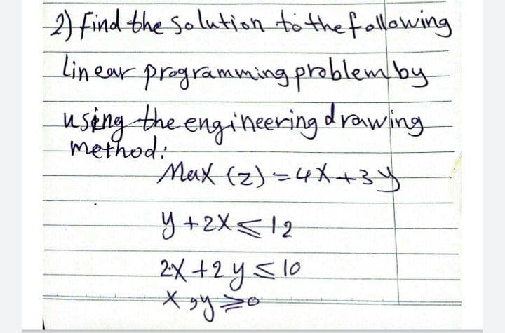 ) find the Salution tö the fllowing
lin ear programming prablem by
using the engineering drawing
method:
Max (z)=4X+34
2X+2y510
