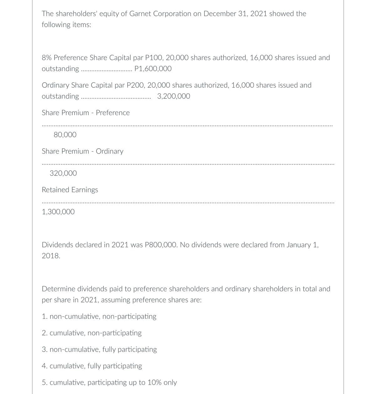 The shareholders' equity of Garnet Corporation on December 31, 2021 showed the
following items:
8% Preference Share Capital par P100, 20,000 shares authorized, 16,000 shares issued and
outstanding
P1,600,000
Ordinary Share Capital par P200, 20,000 shares authorized, 16,000 shares issued and
outstanding
3,200,000
Share Premium - Preference
80,000
Share Premium - Ordinary
320,000
Retained Earnings
1,300,000
Dividends declared in 2021 was P800,000. No dividends were declared from January 1,
2018.
Determine dividends paid to preference shareholders and ordinary shareholders in total and
per share in 2021, assuming preference shares are:
1. non-cumulative, non-participating
2. cumulative, non-participating
3. non-cumulative, fully participating
4. cumulative, fully participating
5. cumulative, participating up to 10% only
