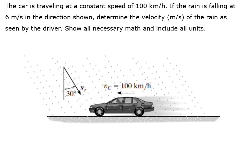The car is traveling at a constant speed of 100 km/h. If the rain is falling at
6 m/s in the direction shown, determine the velocity (m/s) of the rain as
seen by the driver. Show all necessary math and include all units.
Vc= 100 km/h.
30
