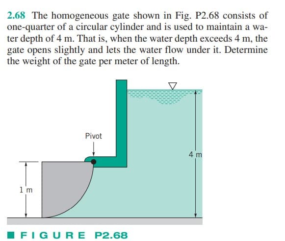2.68 The homogeneous gate shown in Fig. P2.68 consists of
one-quarter of a circular cylinder and is used to maintain a wa-
ter depth of 4 m. That is, when the water depth exceeds 4 m, the
gate opens slightly and lets the water flow under it. Determine
the weight of the gate per meter of length.
1 m
Pivot
FIGURE P2.68
4 m