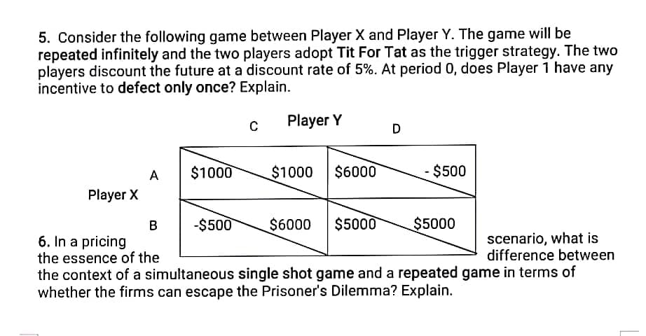 5. Consider the following game between Player X and Player Y. The game will be
repeated infinitely and the two players adopt Tit For Tat as the trigger strategy. The two
players discount the future at a discount rate of 5%. At period 0, does Player 1 have any
incentive to defect only once? Explain.
Player Y
D
A
$1000
$1000
$6000
-$500
Player X
B
-$500
$6000
$5000
$5000
scenario, what is
difference between
6. In a pricing
the essence of the
the context of a simultaneous single shot game and a repeated game in terms of
whether the firms can escape the Prisoner's Dilemma? Explain.
