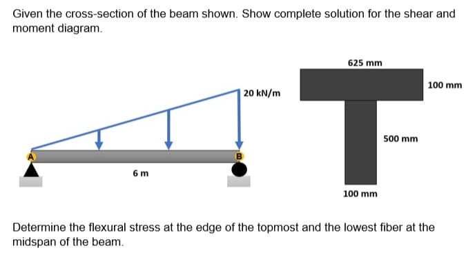 Given the cross-section of the beam shown. Show complete solution for the shear and
moment diagram.
625 mm
100 mm
| 20 kN/m
500 mm
6 m
100 mm
Determine the flexural stress at the edge of the topmost and the lowest fiber at the
midspan of the beam.
