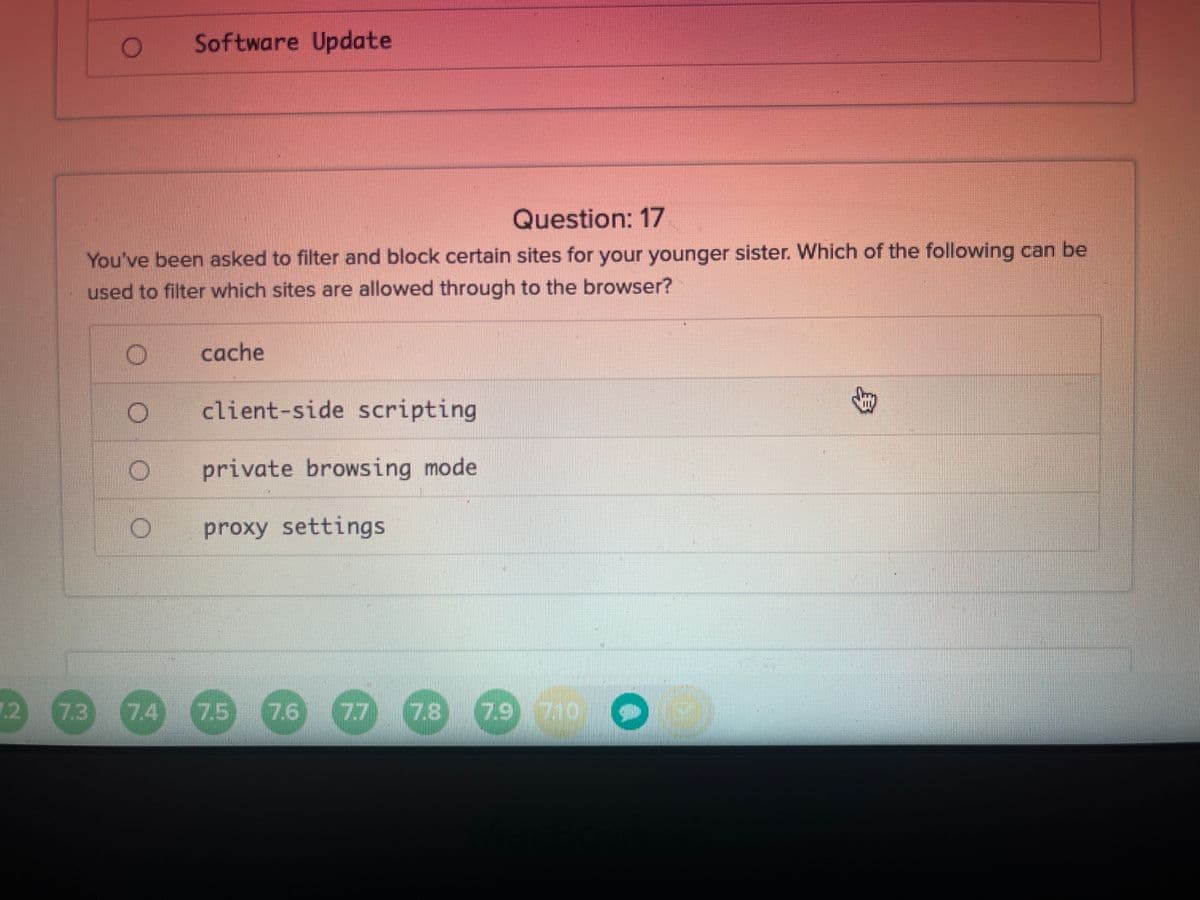 Software Update
Question: 17
You've been asked to filter and block certain sites for your younger sister. Which of the following can be
used to filter which sites are allowed through to the browser?
cache
client-side scripting
private browsing mode
proxy settings
.2
7.3
7.4 75
7.6 77
7.8
7.9)710
身
