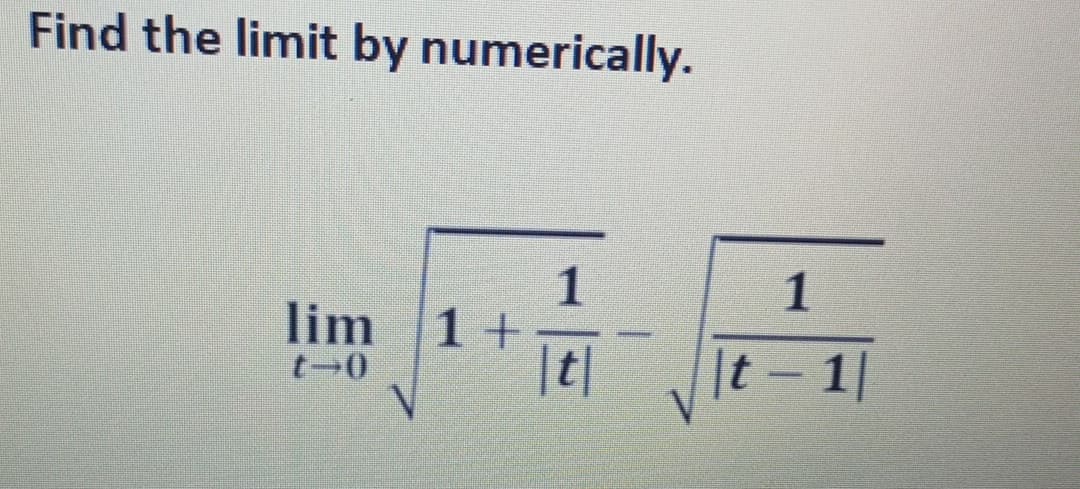 Find the limit by numerically.
1
lim 1+
1
|t – 1|
t-0
