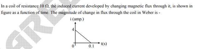 In a coil of resistance 10 Q, the induced current developed by changing magnetic flux through it, is shown in
figure as a function of time. The magnitude of change in flux through the coil in Weber is -
i (amp.)
4
t(s)
0.1

