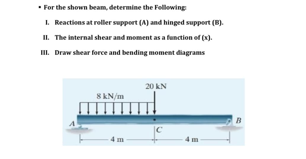 · For the shown beam, determine the Following:
I. Reactions at roller support (A) and hinged support (B).
II. The internal shear and moment as a function of (x).
III. Draw shear force and bending moment diagrams
20 kN
8 kN/m
4 m
4 m
