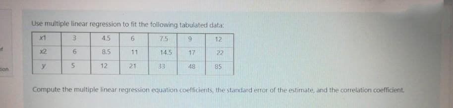 Use multiple linear regression to fit the following tabulated data:
x1
4.5
6.
75
12
x2
6.
8.5
11
14.5
17
22
y
12
21
33
48
85
tion
Compute the multiple linear regression equation coefficients, the standard error of the estimate, and the correlation coefficient.
