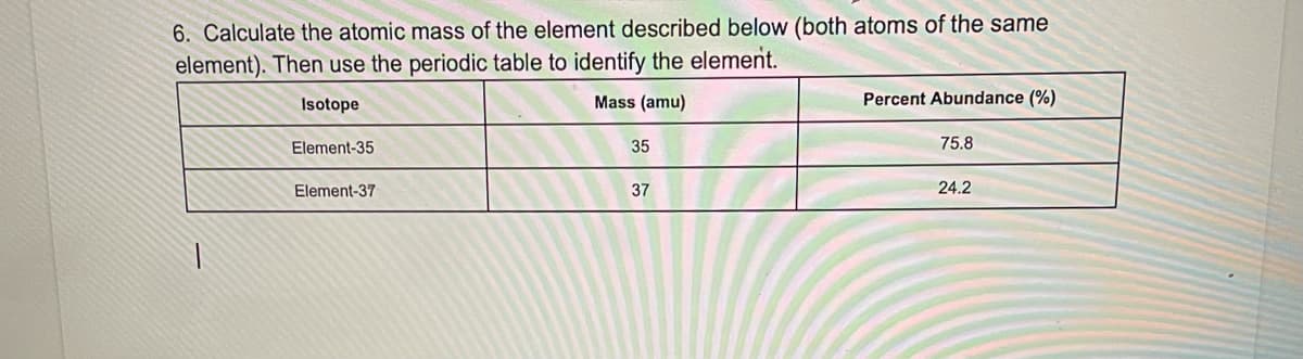 6. Calculate the atomic mass of the element described below (both atoms of the same
element). Then use the periodic table to identify the element.
Isotope
Mass (amu)
Percent Abundance (%)
Element-35
35
75.8
Element-37
37
24.2
