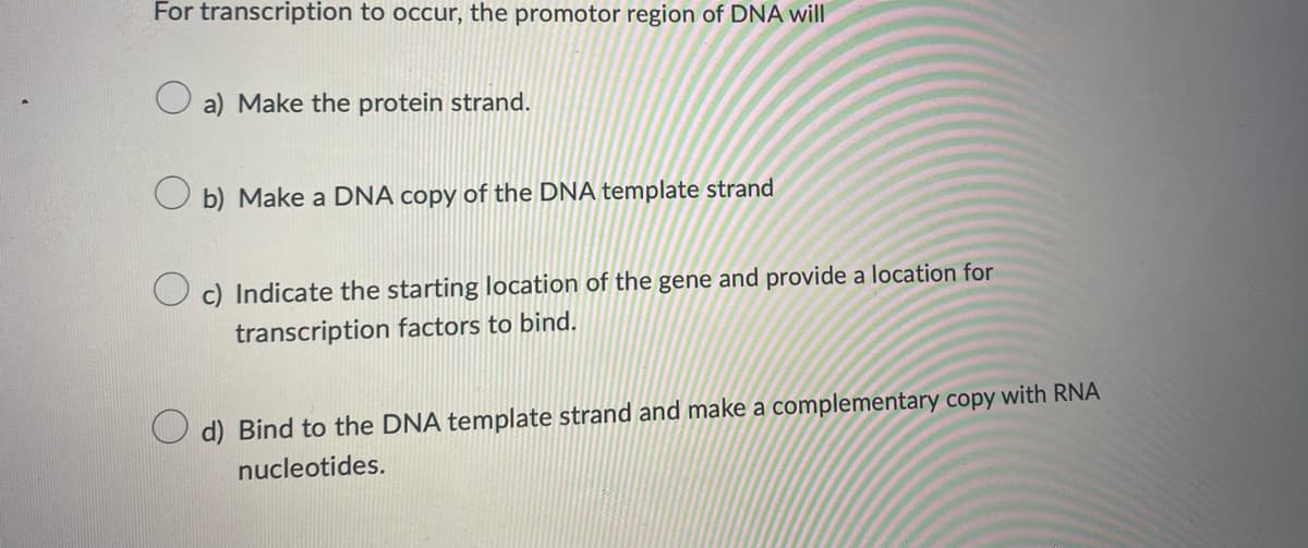 For transcription to occur, the promotor region of DNA will
O a) Make the protein strand.
O b) Make a DNA copy of the DNA template strand
O c) Indicate the starting location of the gene and provide a location for
transcription factors to bind.
d) Bind to the DNA template strand and make a complementary copy with RNA
nucleotides.
