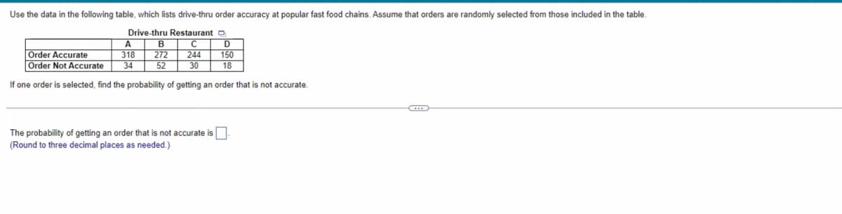 Use the data in the following table, which lists drive-thru order accuracy at popular fast food chains. Assume that orders are randomly selected from those included in the table.
Drive-thru Restaurant D
A
Order Accurate
Order Not Accurate
318
34
272
52
244
30
150
18
If one order is selected, find the probability of getting an order that is not accurate.
The probability of getting an order that is not accurate is
(Round to three decimal places as needed.)
