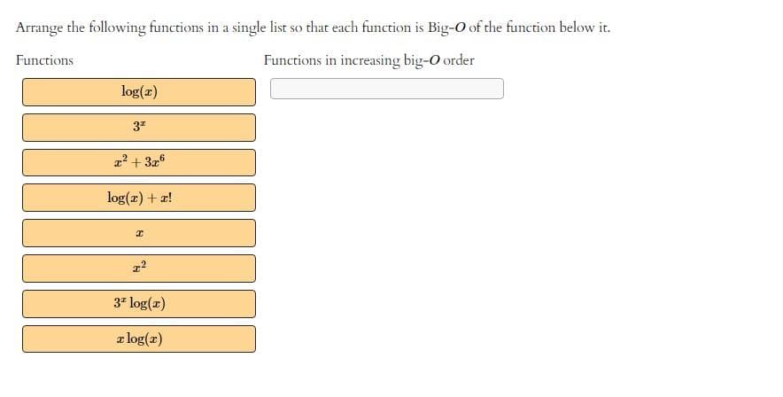 Arrange the following functions in a single list so that each function is Big-O of the function below it.
Functions
Functions in increasing big-O order
log(r)
3"
2² + 3x
log(x) + a!
37 log(x)
z log(z)
