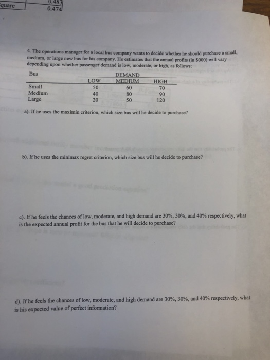 quare
0.483
0.474
4. The operations manager for a local bus company wants to decide whether he should purchase a small,
medium, or large new bus for his company. He estimates that the annual profits (in S000) will vary
depending upon whether passenger demand is low, moderate, or high, as follows:
Bus
LOW
50
40
20
DEMAND
MEDIUM
HIGH
70
90
120
Small
60
Medium
80
Large
50
a). If he uses the maximin criterion, which size bus will he decide to purchase?
b). If he uses the minimax regret criterion, which size bus will he decide to purchase?
c). If he feels the chances of low, moderate, and high demand are 30%, 30 %, and 40% respectively, what
is the expected annual profit for the bus that he will decide to purchase?
d). If he feels the chances of low, moderate, and high demand are 30%, 30 %, and 40% respectively, what
is his expected value of perfect information?