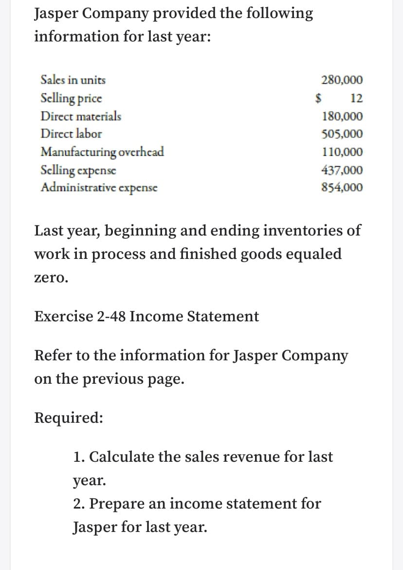 Jasper Company provided the following
information for last year:
Sales in units
280,000
Selling price
$
12
Direct materials
180,000
Direct labor
505,000
Manufacturing overhead
Selling expense
Administrative cxpense
110,000
437,000
854,000
year, beginning and ending inventories of
work in process and finished goods equaled
Last
zero.
Exercise 2-48 Income Statement
Refer to the information for Jasper Company
on the previous page.
Required:
1. Calculate the sales revenue for last
year.
2. Prepare an income statement for
Jasper for last year.
