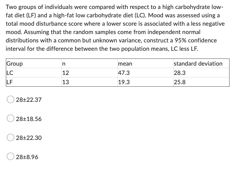 Two groups of individuals were compared with respect to a high carbohydrate low-
fat diet (LF) and a high-fat low carbohydrate diet (LC). Mood was assessed using a
total mood disturbance score where a lower score is associated with a less negative
mood. Assuming that the random samples come from independent normal
distributions with a common but unknown variance, construct a 95% confidence
interval for the difference between the two population means, LC less LF.
Group
LC
LF
28+22.37
28+18.56
28+22.30
28±8.96
n
12
13
mean
47.3
19.3
standard deviation
28.3
25.8