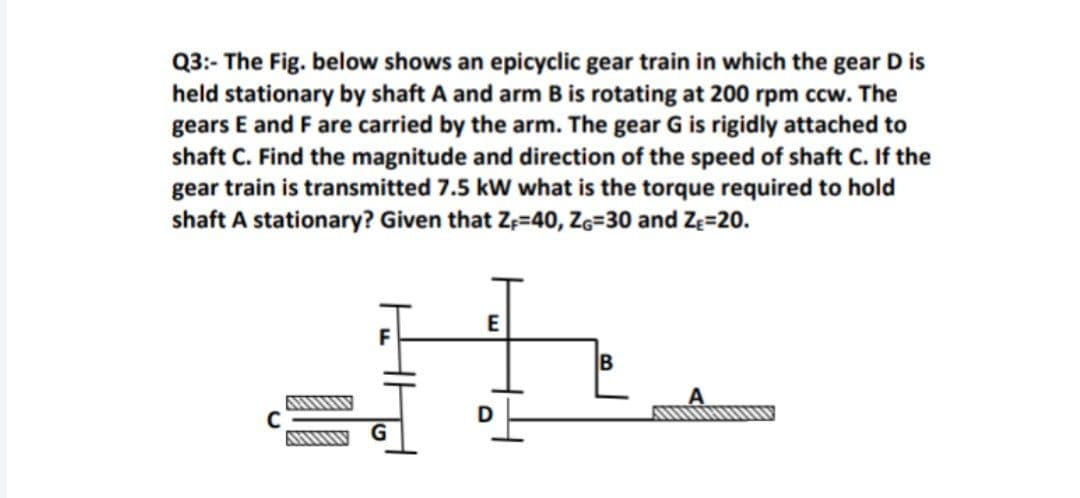 Q3:- The Fig. below shows an epicyclic gear train in which the gear D is
held stationary by shaft A and arm B is rotating at 200 rpm ccw. The
gears E and F are carried by the arm. The gear G is rigidly attached to
shaft C. Find the magnitude and direction of the speed of shaft C. If the
gear train is transmitted 7.5 kW what is the torque required to hold
shaft A stationary? Given that Z;=40, Zc=30 and Ze=20.
E
D
