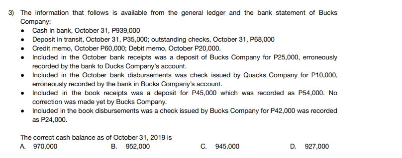 3) The information that follows is available from the general ledger and the bank statement of Bucks
Company:
Cash in bank, October 31, P939,000
Deposit in transit, October 31, P35,000; outstanding checks, October 31, P68,000
Credit memo, October P60,000; Debit memo, October P20,000.
Included in the October bank receipts was a deposit of Bucks Company for P25,000, erroneously
recorded by the bank to Ducks Company's account.
Included in the October bank disbursements was check issued by Quacks Company for P10,000,
erroneously recorded by the bank in Bucks Company's account.
Included in the book receipts was a deposit for P45,000 which was recorded as P54,000. No
correction was made yet by Bucks Company.
• Included in the book disbursements was a check issued by Bucks Company for P42,000 was recorded
as P24,000.
The correct cash balance as of October 31, 2019 is
A. 970,000
B. 952,000
C. 945,000
D.
927,000
