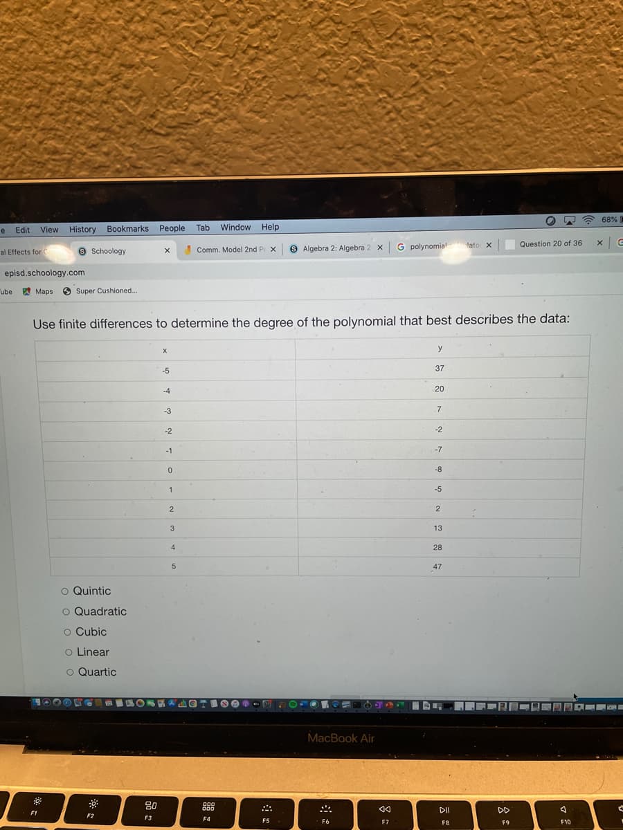 * 68% I
Edit
View History Bookmarks People
Tab
Window Help
Question 20 of 36
9 Schoology
9 Algebra 2: Algebra 2 x
G polynomial lato x
al Effects for C
Comm. Model 2nd P X
episd.schoology.com
ube A Maps
O Super Cushioned..
Use finite differences to determine the degree of the polynomial that best describes the data:
y
-5
37
-4
20
-3
-2
-2
-1
-7
-8
1
-5
2
2
3
13
4
28
47
O Quintic
O Quadratic
O Cubic
o Linear
O Quartic
MacBaok Air
80
000
DII
DD
F1
F2
F3
F4
F5
F6
F7
F8
F10
F9
