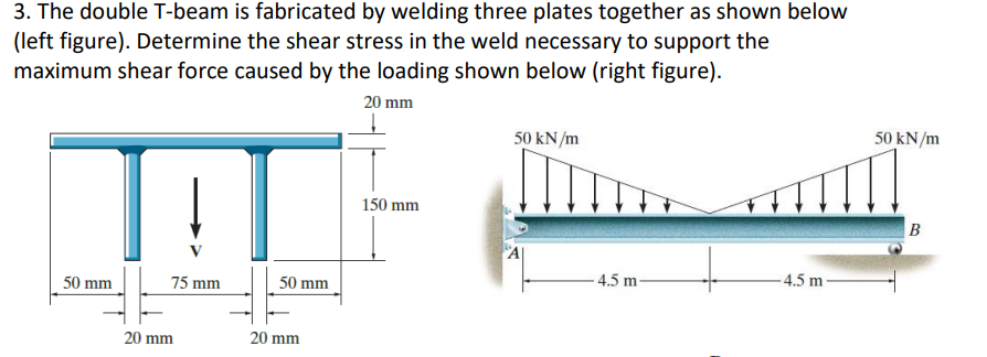 3. The double T-beam is fabricated by welding three plates together as shown below
(left figure). Determine the shear stress in the weld necessary to support the
maximum shear force caused by the loading shown below (right figure).
20 mm
TIT
75 mm
50 mm
20 mm
50 mm
20 mm
150 mm
50 kN/m
4.5 m-
-4.5 m
50 kN/m
B