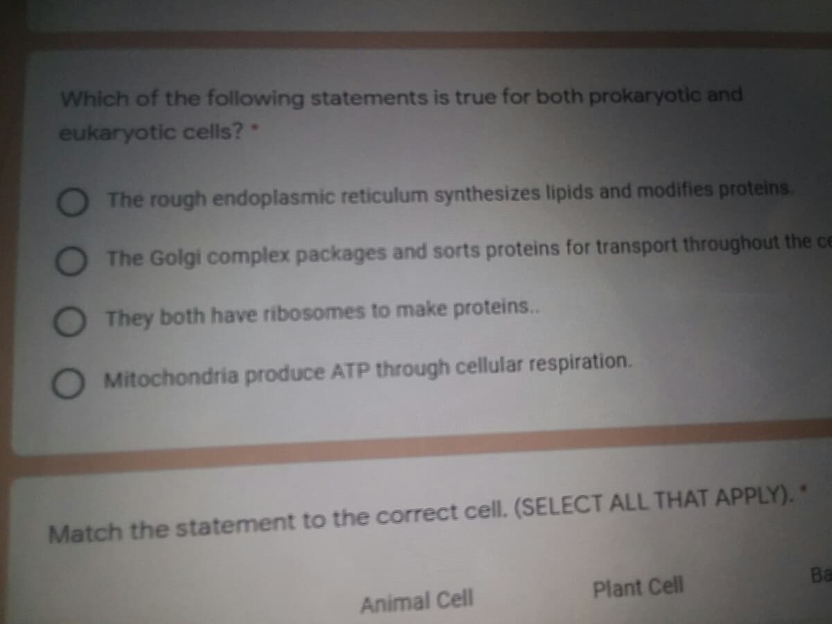 Which of the following statements is true for both prokaryotic and
eukaryotic cells?
O The rough endoplasmic reticulum synthesizes lipids and modifies proteins.
The Golgi complex packages and sorts proteins for transport throughout the ce
O They both have ribosomes to make proteins..
Mitochondria produce ATP through cellular respiration.
Match the statement to the correct cell. (SELECT ALL THAT APPLY).*
Ba
Animal Cell
Plant Cell
