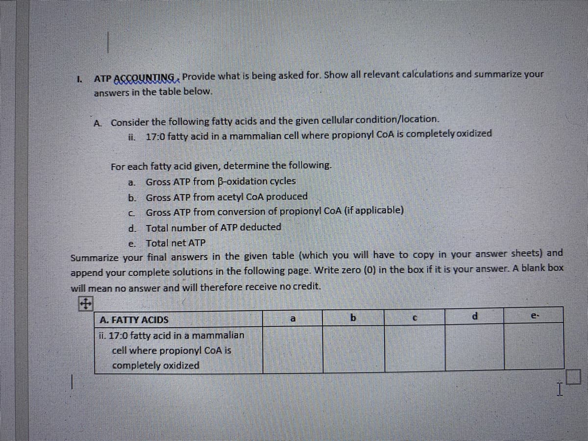 1.
ATP ACCOUNTING, Provide what is being asked for. Show all relevant calculations and summarize your
answers in the table below.
A. Consider the following fatty acids and the given cellular condition/location.
17:0 fatty acid in a mammalian cell where propionyl CoA is completely oxidized
For each fatty acid given, determine the following.
a.
Gross ATP from B-oxidation cycles
b.
Gross ATP from acetyl CoA produced
c
Gross ATP from conversion of propionyl CoA (if applicable)
d.
Total number of ATP deducted
e. Total net ATP
Summarize your final answers in the given table (which you will have to copy in your answer sheets) and
append your complete solutions in the following page. Write zero (0) in the box if it is your answer. A blank box
will mean no answer and will therefore receive no credit.
A. FATTY ACIDS
a
b
C
d
e-
ii. 17:0 fatty acid in a mammalian
cell where propionyl CoA is
completely oxidized
I