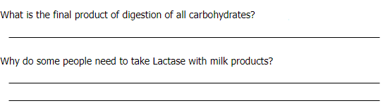 What is the final product of digestion of all carbohydrates?
Why do some people need to take Lactase with milk products?
