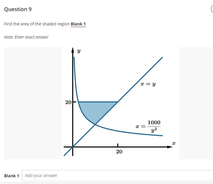 Question 9
Find the area of the shaded region Blank 1
Note: Enter exact answer
x = y
20
1000
y?
20
Blank 1
Add your answer
