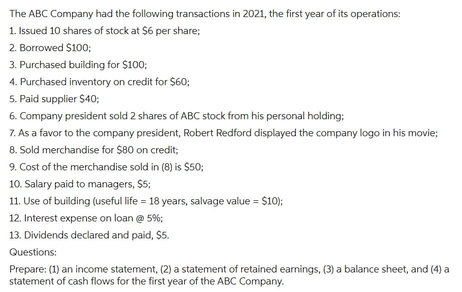 The ABC Company had the following transactions in 2021, the first year of its operations:
1. Issued 10 shares of stock at $6 per share;
2. Borrowed $100;
3. Purchased building for $10O;
4. Purchased inventory on credit for $60;
5. Paid supplier $40;
6. Company president sold 2 shares of ABC stock from his personal holding;
7. As a favor to the company president, Robert Redford displayed the company logo in his movie;
8. Sold merchandise for $80 on credit;
9. Cost of the merchandise sold in (8) is $50;
10. Salary paid to managers, $5;
11. Use of building (useful life = 18 years, salvage value = $10);
12. Interest expense on loan @ 5%;
13. Dividends declared and paid, $5.
Questions:
Prepare: (1) an income statement, (2) a statement of retained earnings, (3) a balance sheet, and (4) a
statement of cash flows for the first year of the ABC Company.
