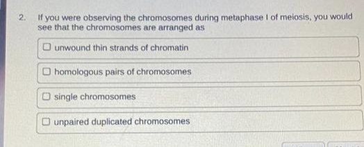 2.
If you were observing the chromosomes during metaphase I of meiosis, you would
see that the chromosomes are arranged as
Dunwound thin strands of chromatin
O homologous pairs of chromosomes
O single chromosomes
O unpaired duplicated chromosomes