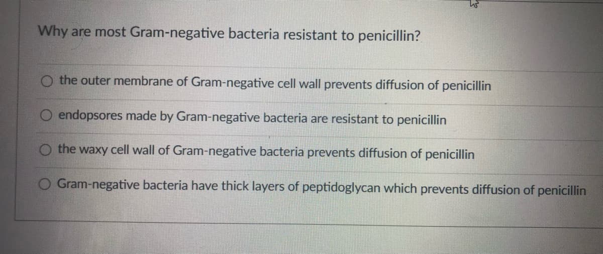 Why are most Gram-negative bacteria resistant to penicillin?
the outer membrane of Gram-negative cell wall prevents diffusion of penicillin
O endopsores made by Gram-negative bacteria are resistant to penicillin
the waxy cell wall of Gram-negative bacteria prevents diffusion of penicillin
Gram-negative bacteria have thick layers of peptidoglycan which prevents diffusion of penicillin
