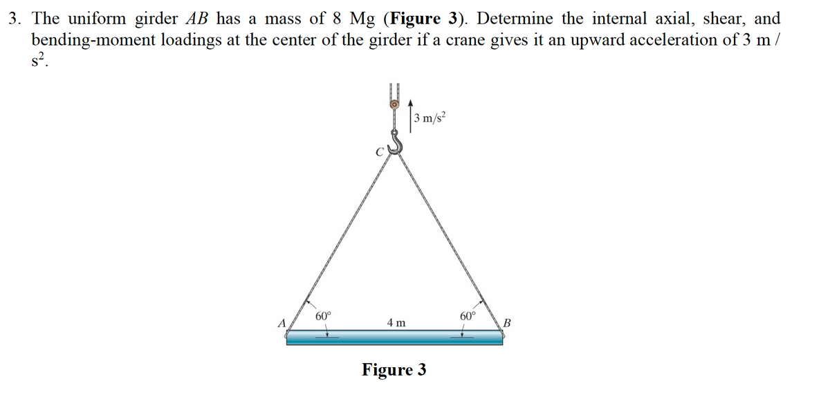 3. The uniform girder AB has a mass of 8 Mg (Figure 3). Determine the internal axial, shear, and
loadings at the center of the girder if a crane gives it an upward acceleration of 3 m/
bending-moment
↑3 m/s²
s².
A
60°
4 m
Figure 3
60°
B